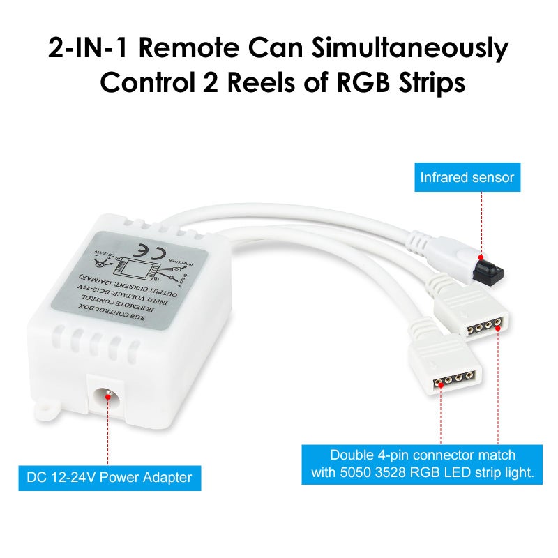 RGBZONE 4PIN RGB LED Controller, 2 Ports Low Voltage LED Controller, 44-Keys Wireless IR Remote Control, DC12V-24V 5050 2835 3528 LED Strip Lights - Image 3